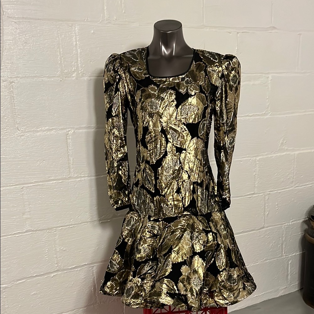 Vintage Black and Gold Ruffled Embellished Dress Black Slip Size 8